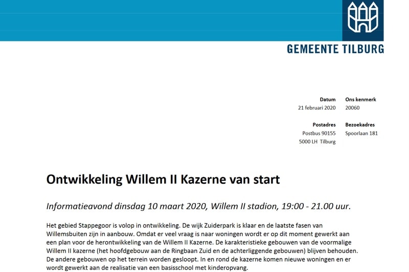 Ontwikkeling Willem 2 kazerne Tilburg van start - bewonersbrief